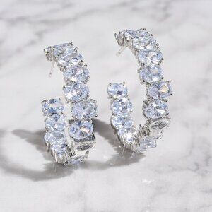 “Kiara” Hoop Earrings Silver Oval CZ Diamonds